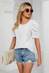 Eyelet Puff Sleeve Round Neck Blouse - Trendsi - Flyclothing LLC