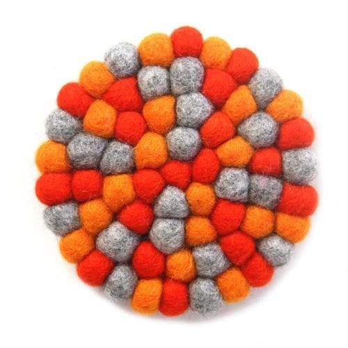 Hand Crafted Felt Ball Trivets from Nepal: Round Chakra, Oranges - Global Groove (T) - Global Groove