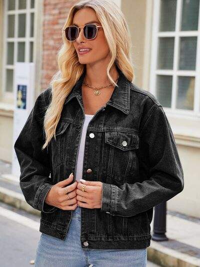 Pocketed Collared Neck Denim Jacket - Trendsi - Flyclothing LLC