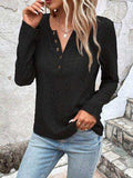 Openwork Half Button Long Sleeve Blouse - Trendsi - Flyclothing LLC
