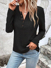 Openwork Half Button Long Sleeve Blouse - Trendsi