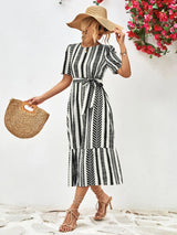 Striped Tie Belt Round Neck Puff Sleeve Dress - Trendsi - Flyclothing LLC