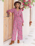 Printed Ruffled V-Neck Balloon Sleeve Jumpsuit - Trendsi - Flyclothing LLC