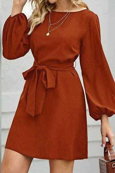 Tied Boat Neck Balloon Sleeve Mini Dress - Trendsi - Flyclothing LLC