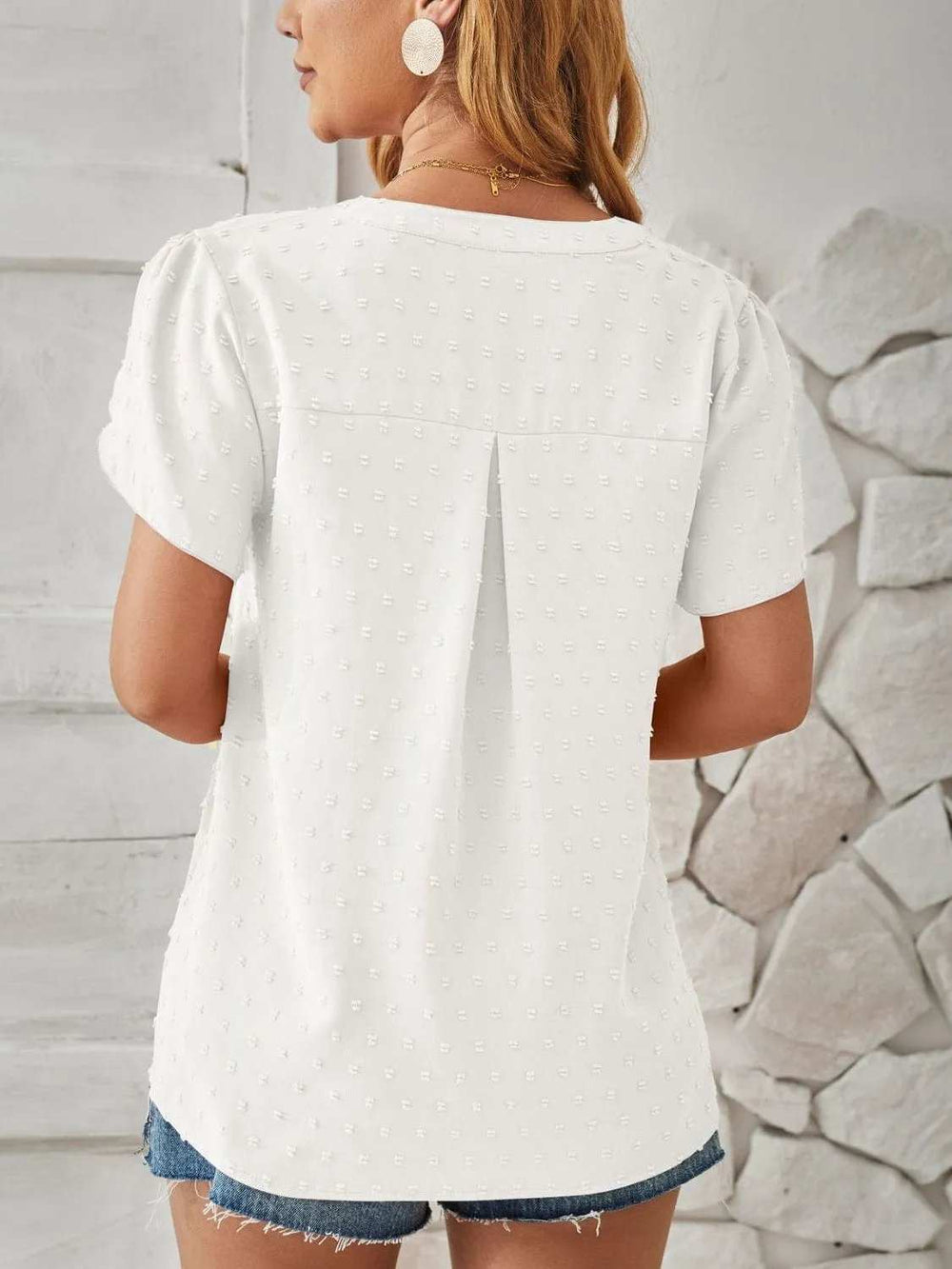 Swiss Dot Notched Petal Sleeve T-Shirt - Trendsi - Flyclothing LLC