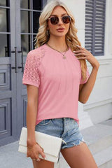 Openwork Round Neck Short Sleeve T-Shirt - Trendsi - Flyclothing LLC