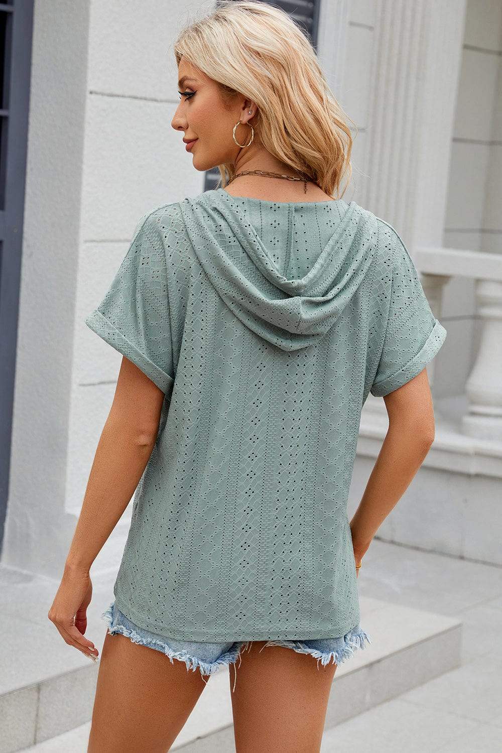 Eyelet Drawstring Hooded Short Sleeve Blouse - Trendsi - Flyclothing LLC