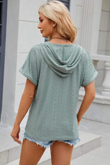Eyelet Drawstring Hooded Short Sleeve Blouse - Trendsi - Flyclothing LLC