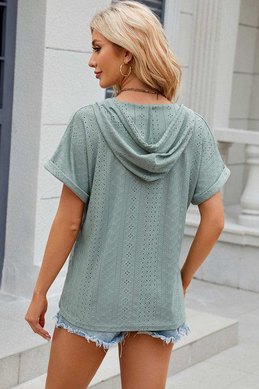 Eyelet Drawstring Hooded Short Sleeve Blouse - Trendsi - Flyclothing LLC