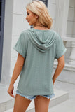 Eyelet Drawstring Hooded Short Sleeve Blouse - Trendsi