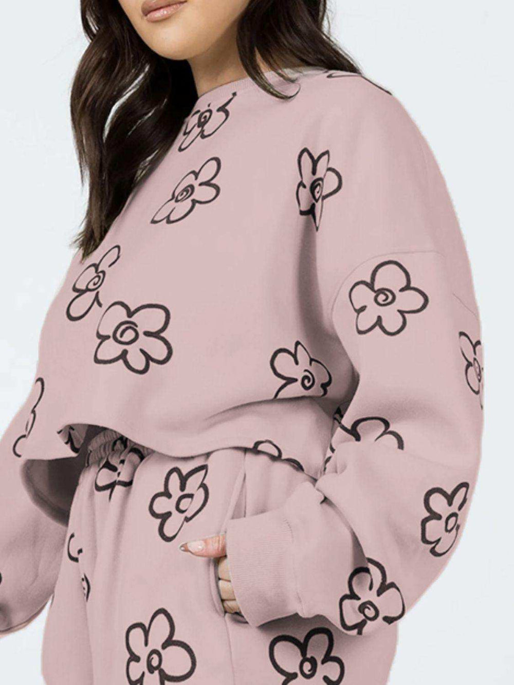 Floral Dropped Shoulder Sweatshirt and Shorts Set - Trendsi - Flyclothing LLC