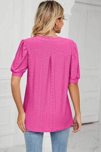 Eyelet Notched Short Sleeve T-Shirt - Trendsi - Flyclothing LLC