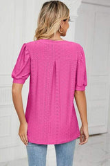 Eyelet Notched Short Sleeve T-Shirt - Trendsi - Flyclothing LLC