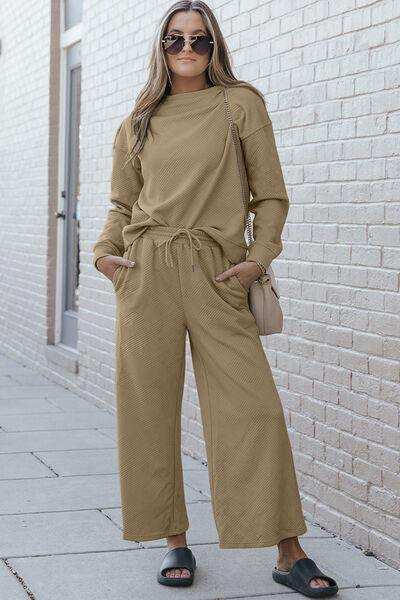 Double Take Full Size Textured Long Sleeve Top and Drawstring Pants Set - Trendsi - Flyclothing LLC