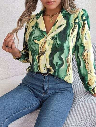 Printed Button Up Long Sleeve Shirt - Trendsi