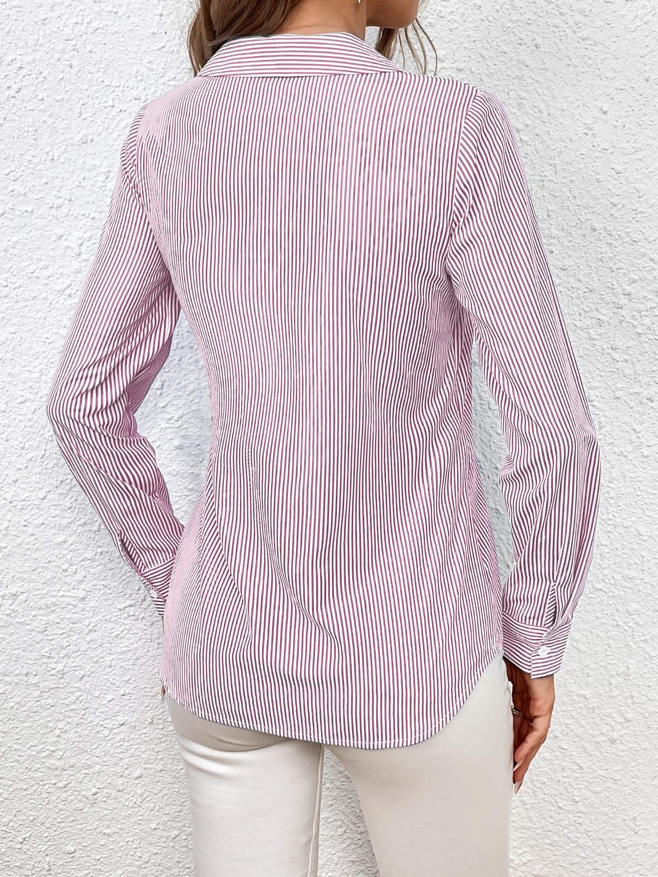 Bow Tie Waist Johnny Collar Neck Striped Blouse - Trendsi - Flyclothing LLC