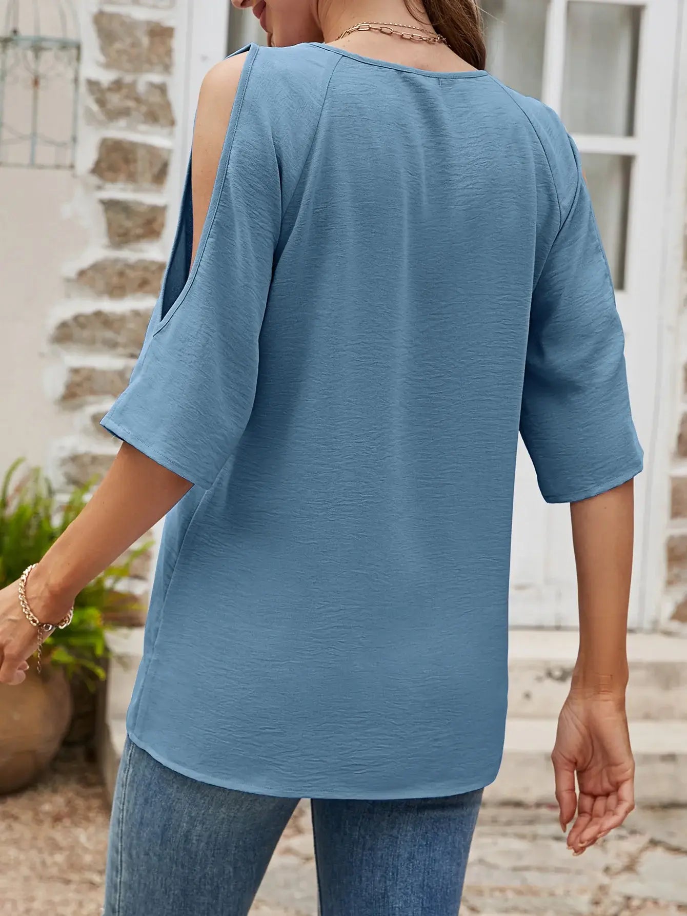 Textured Round Neck Split Sleeve Top - Trendsi - Flyclothing LLC