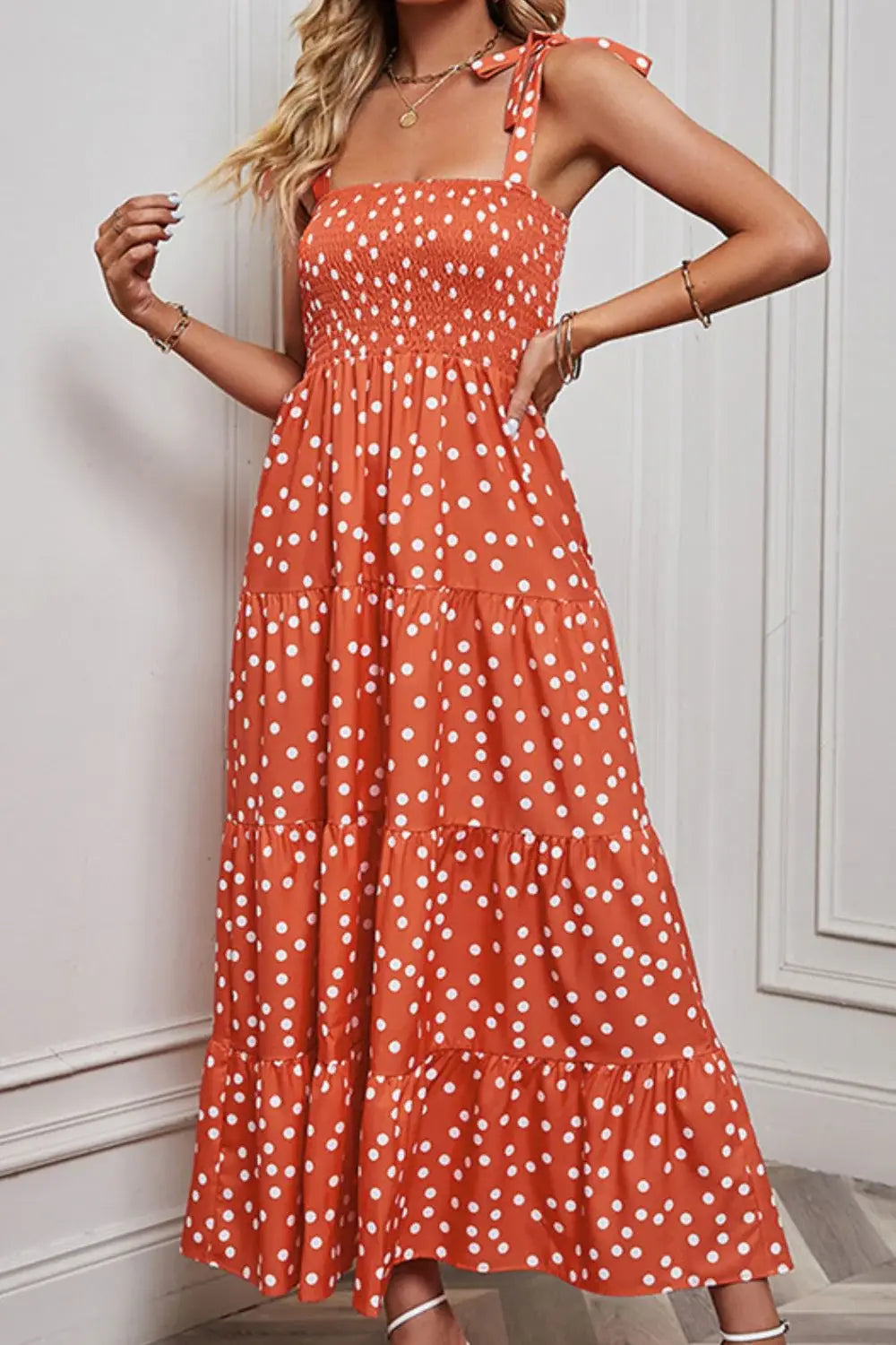 Polka Dot Smocked Tiered Sleeveless Dress - Trendsi - Flyclothing LLC