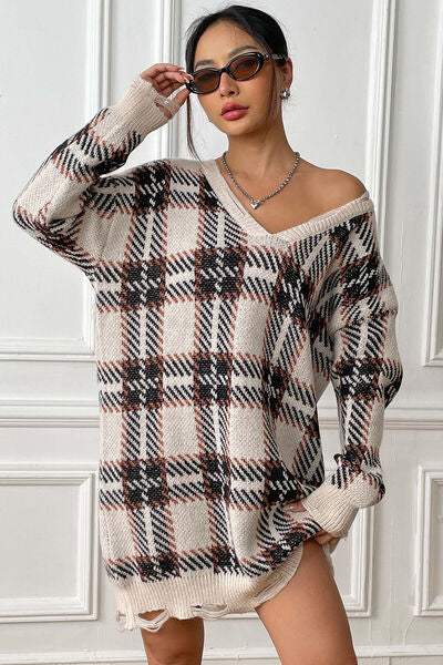 Plaid V-Neck Long Sleeve Sweater Dress - Trendsi - Flyclothing LLC