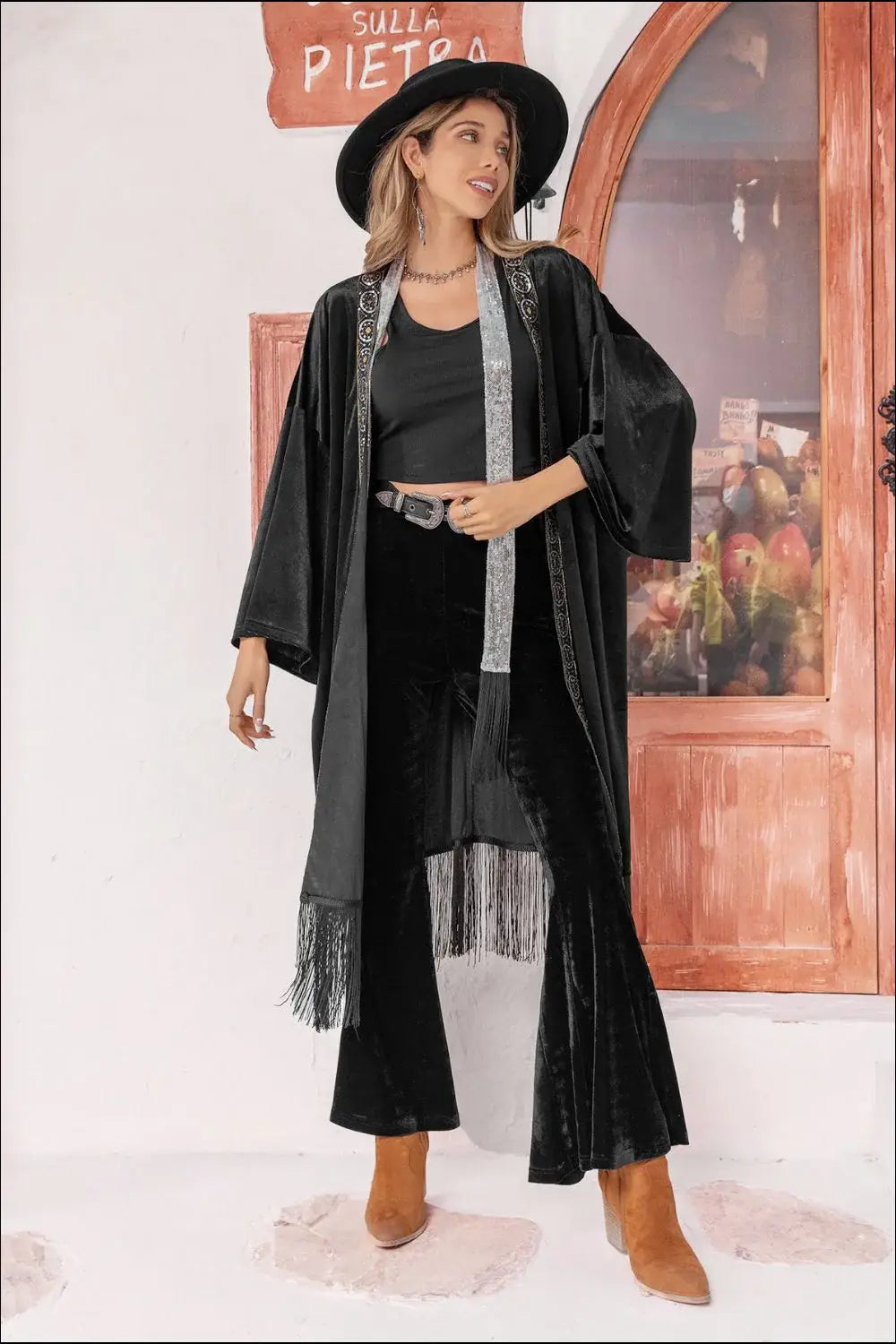 Opne Front Fringe Detail Long Sleeve Cardigan - Trendsi - Flyclothing LLC