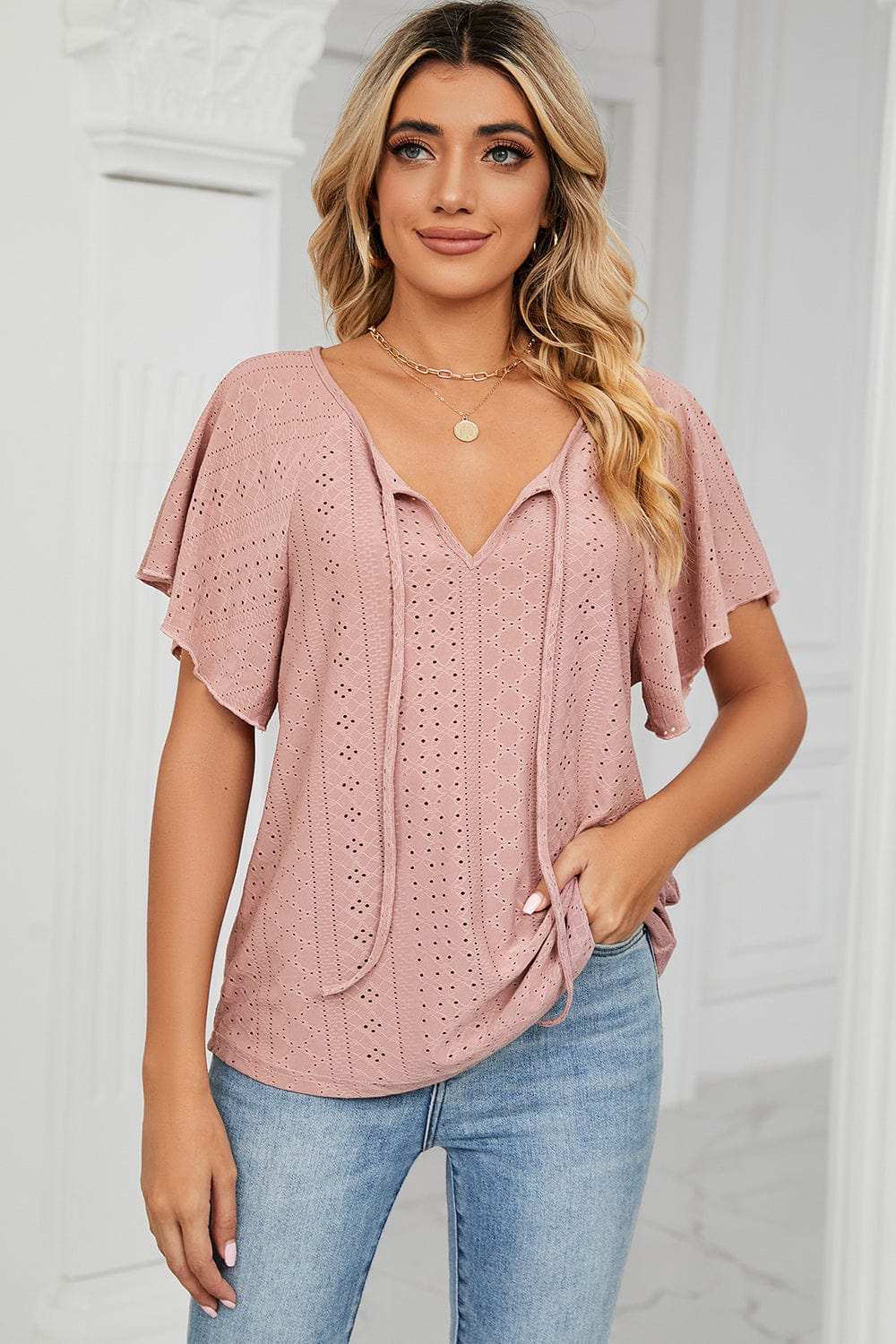 Eyelet Tie Neck Flutter Sleeve Blouse - Trendsi - Flyclothing LLC