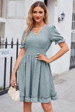 Swiss Dot Frill Trim Flounce Sleeve V-Neck Dress - Trendsi - Flyclothing LLC