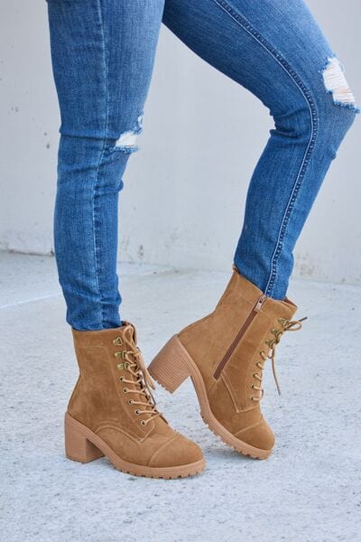 Forever Link Lace-Up Zipper Detail Block Heel Boots - Trendsi