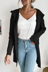 Ribbed Open Front Hooded Cardigan with Pockets - Trendsi - Flyclothing LLC
