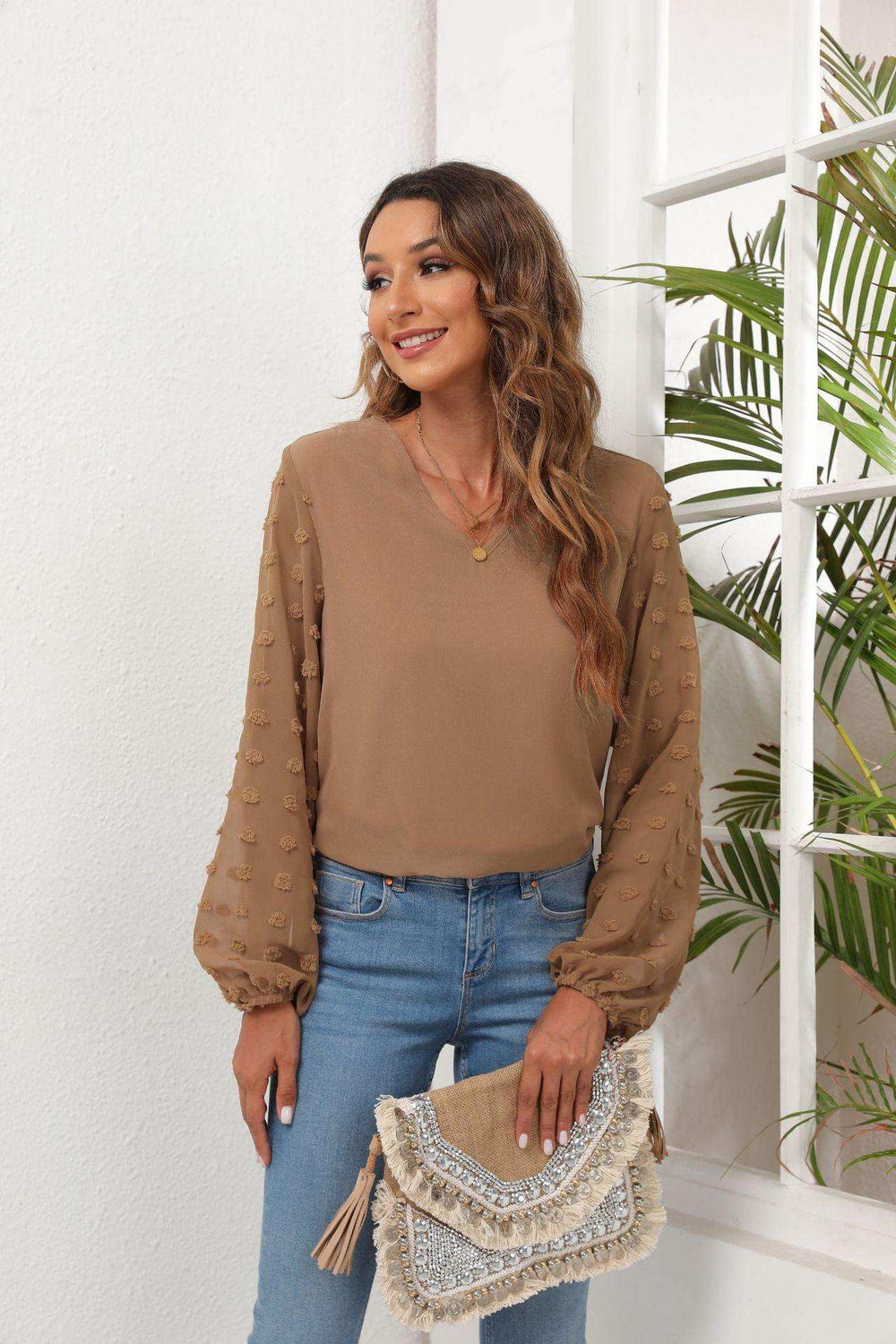 Swiss Dot Balloon Sleeve Blouse - Trendsi - Flyclothing LLC