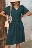 Buttoned V-Neck Flutter Sleeve Pleated Dress - Trendsi