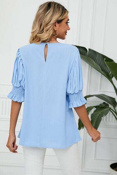 Frill Round Neck Lantern Sleeve T-Shirt - Trendsi - Flyclothing LLC