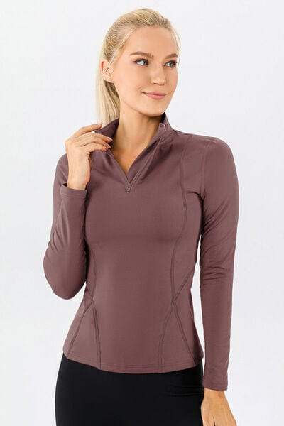 Mock Neck Quarter Zip Active T-Shirt - Trendsi - Flyclothing LLC