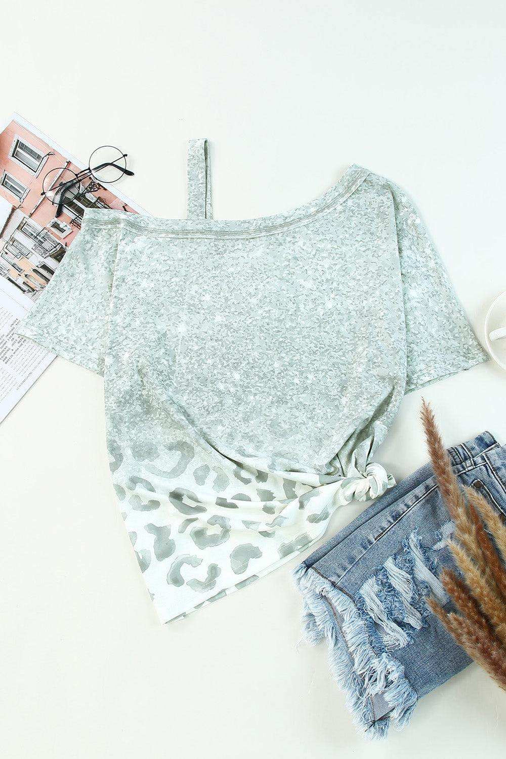 Leopard Asymmetrical Neck Cold-Shoulder Blouse - Trendsi - Flyclothing LLC