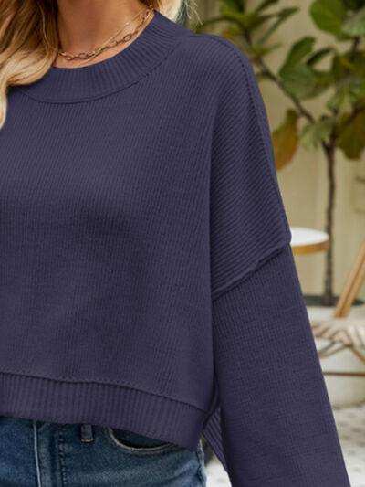 Round Neck Lantern Sleeve Sweater - Trendsi - Flyclothing LLC