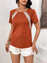 Lace Trim Contrast Waffle-Knit Top - Trendsi - Flyclothing LLC