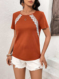 Lace Trim Contrast Waffle-Knit Top - Trendsi - Flyclothing LLC