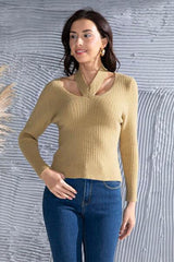 Halter Neck Long Sleeve Sweater - Trendsi