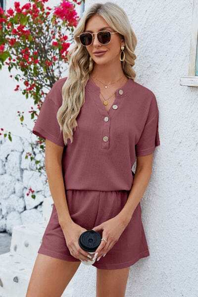 Notched Button Detail Dropped Shoulder Top and Shorts Set - Trendsi - Flyclothing LLC