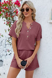 Notched Button Detail Dropped Shoulder Top and Shorts Set - Trendsi