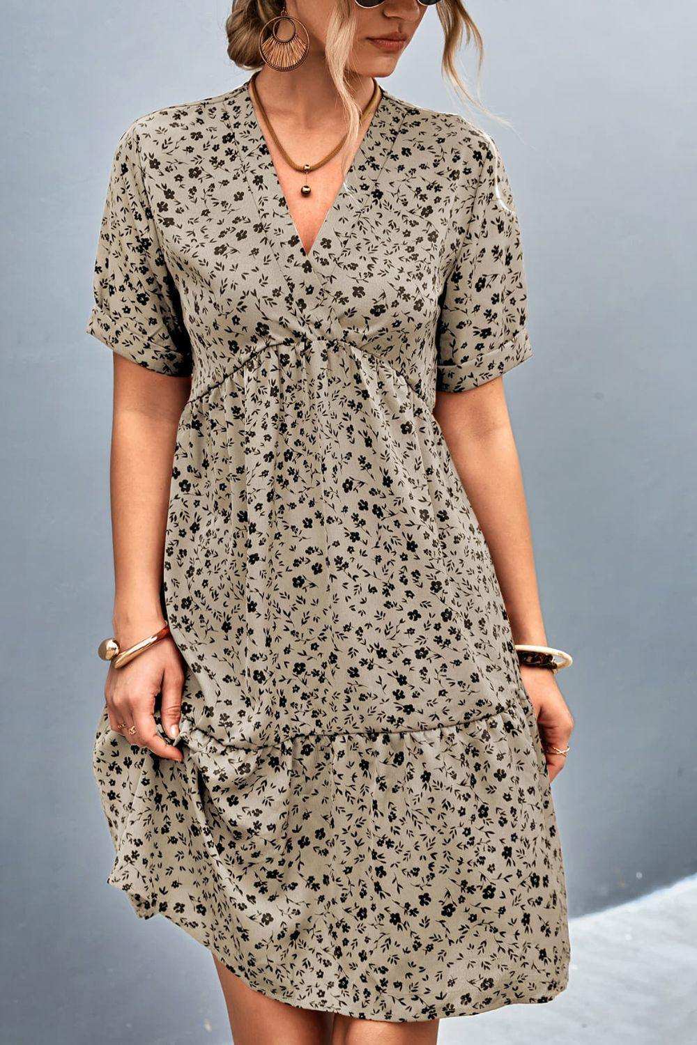 Ditsy Floral Empire Waist Plunge Short Sleeve Dress - Trendsi - Flyclothing LLC