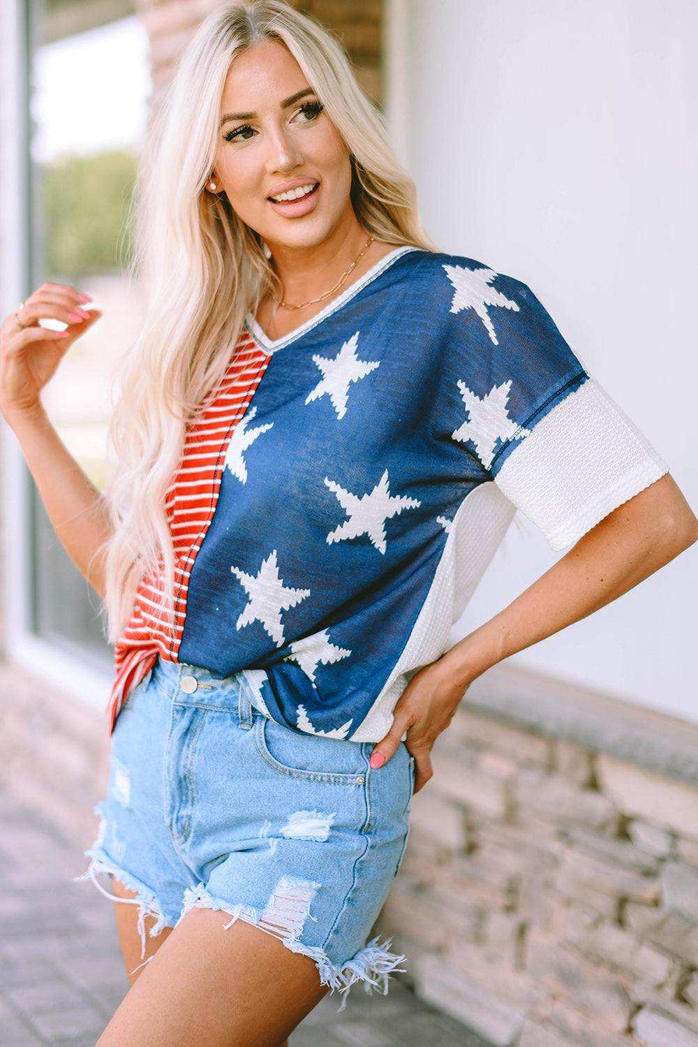 Star and Stripe V-Neck Top - Trendsi - Flyclothing LLC
