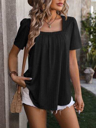 Ruched Square Neck Short Sleeve Blouse - Trendsi - Flyclothing LLC