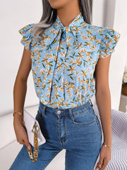 Floral Tie Neck Flutter Sleeve Blouse - Trendsi