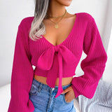 Tie-Front Rib-Knit Cropped Sweater - Trendsi