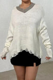 Distressed V-Neck Dropped Shoulder Sweater - Trendsi