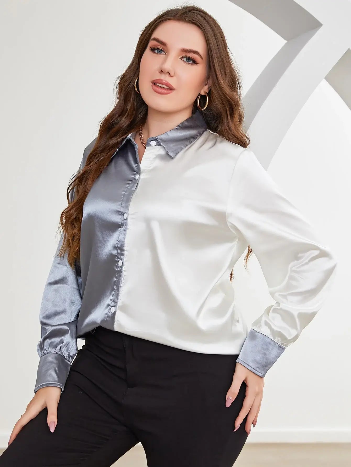 Plus Size Two-Tone Long Sleeve Shirt - Trendsi - Flyclothing LLC