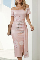 Printed Off-Shoulder Split Dress - Trendsi