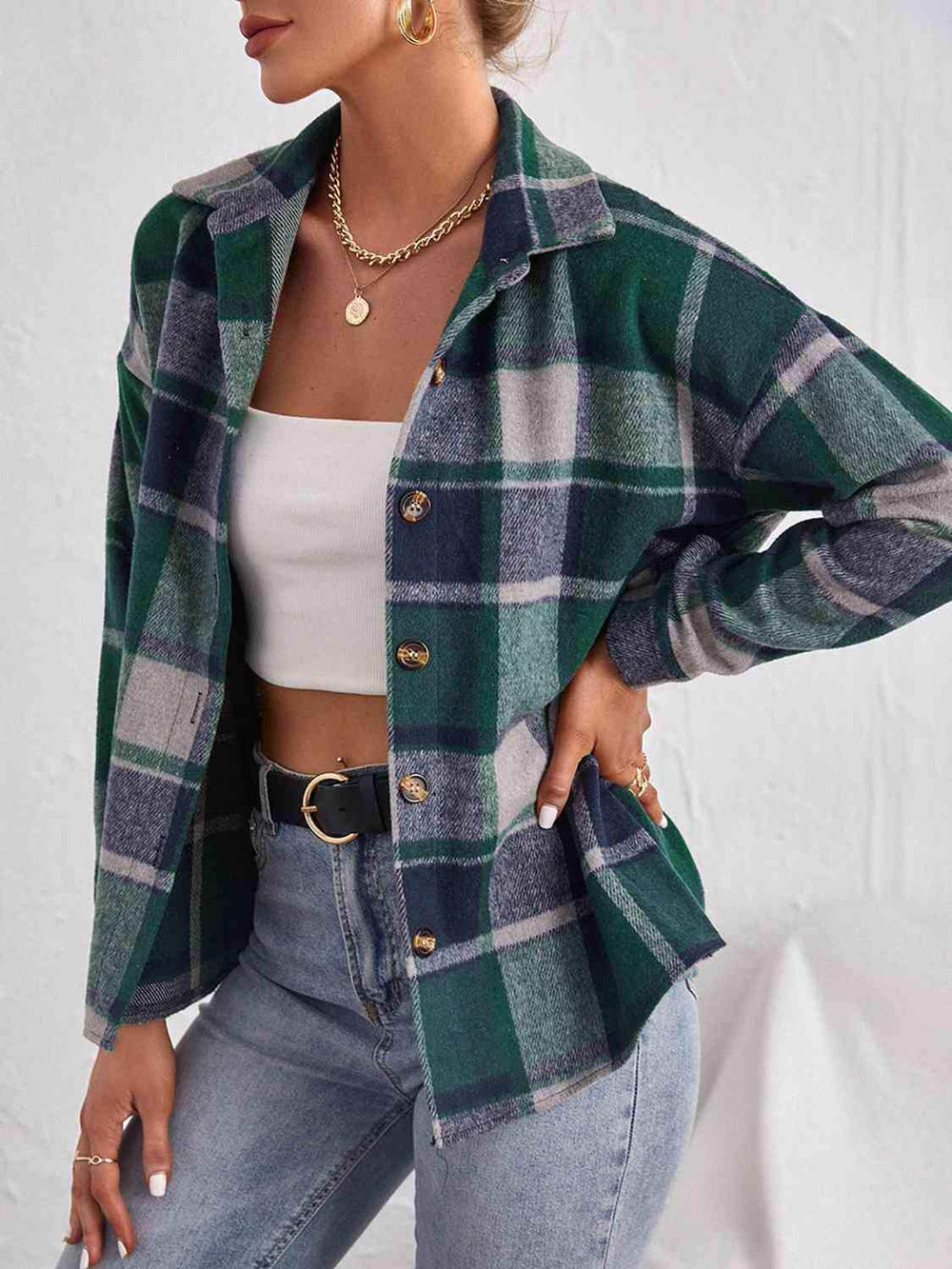 Plaid Collared Neck Button Down Jacket - Trendsi - Flyclothing LLC