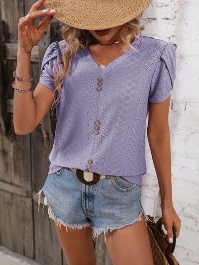 Eyelet V-Neck Petal Sleeve T-Shirt - Trendsi