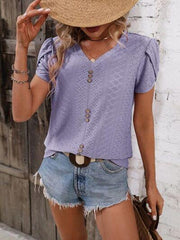 Eyelet V-Neck Petal Sleeve T-Shirt - Trendsi